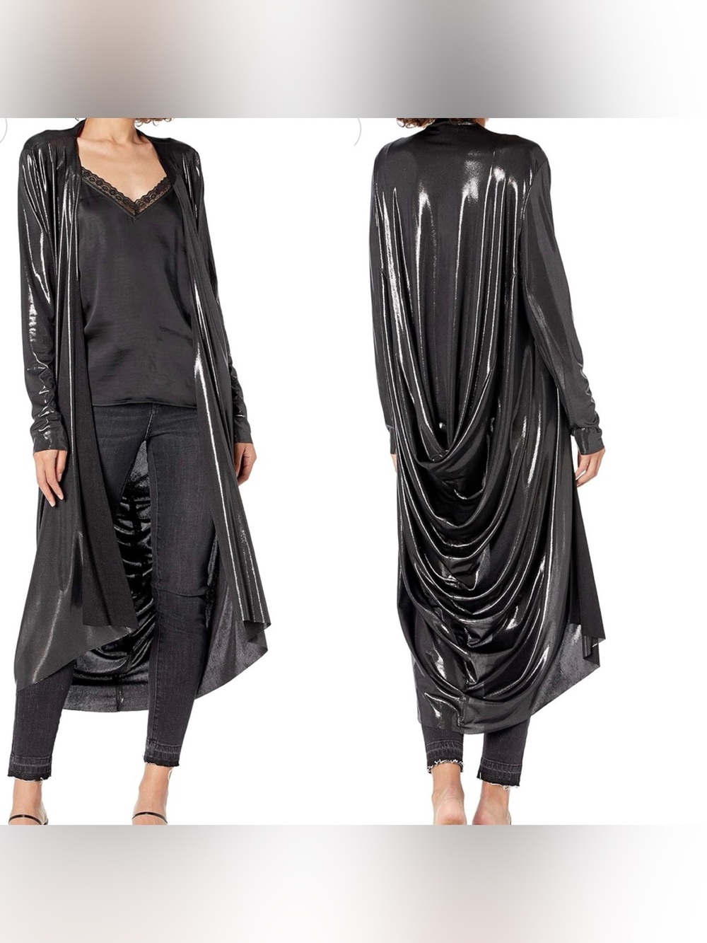 Norma Kamali Draped Open Front Cardigan Gunmetal Silver Metallic L